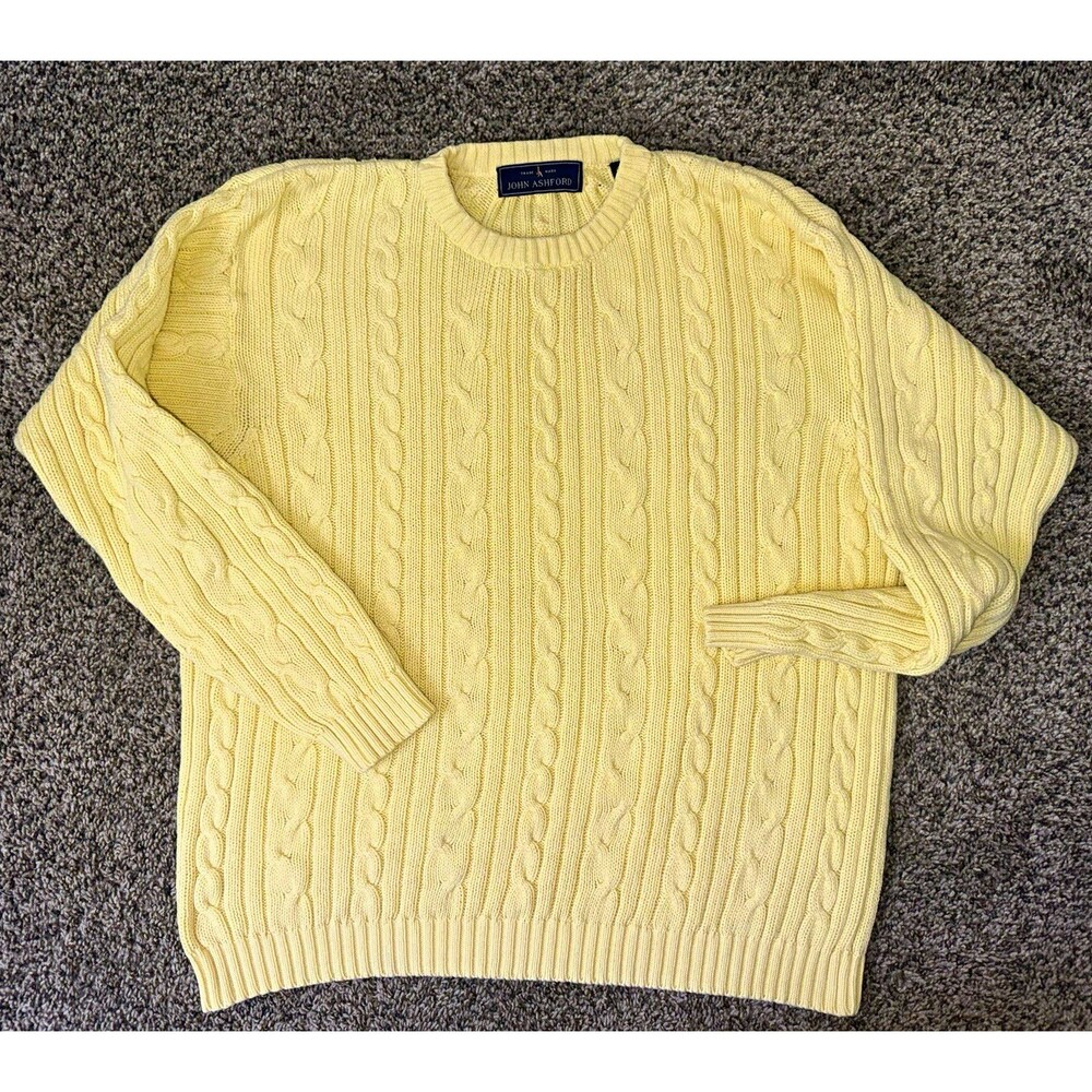 Vintage John Ashford Cable Knit Sweater Mens XL Yellow 100% Cotton Crewneck